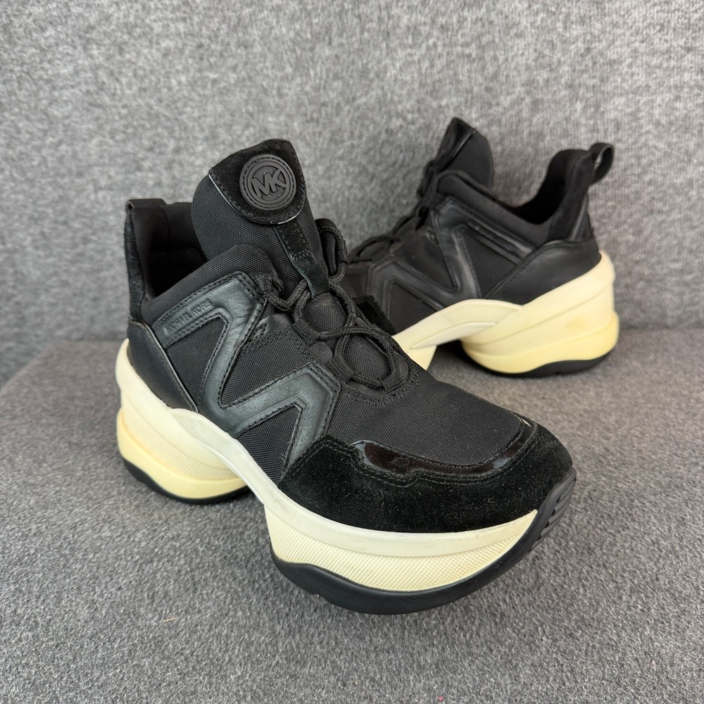 Michael Kors Olympia Trainer Women's 7M Black Leather/Textile Platform Sneakers